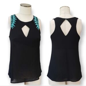 Anna Grace | S black top aqua blue embroidery boho